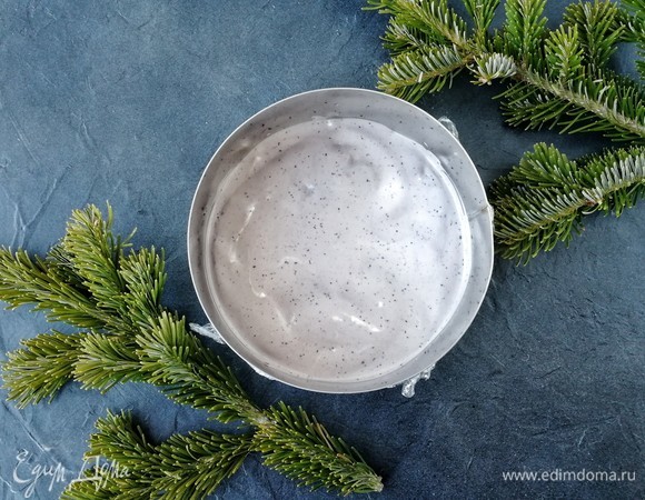 Выливаем совсем немного мусса, буквально чтобы он только покрыл бисквит. Толщина не более 5 мм. Убираем в морозильную камеру на минут 10–15, чтобы мусс немного стабилизировался.