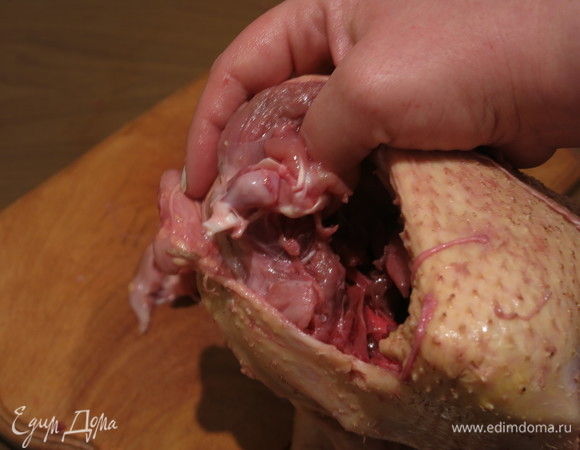 Аналогично лапкам срезаем по кости у крыльев, проворачиваем, находим сочленение, перерезаем между косточками.