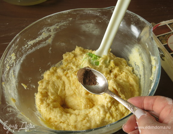 Насыпаем половину чайной ложки мускатного ореха, солим тесто.