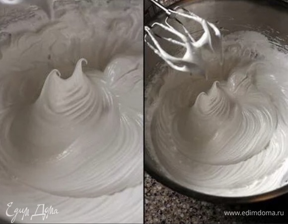 Примерно минут через 5 добавьте 1 ч. л. лимонного сока. Взбивайте еще минут 10 или сколько потребуется пока смесь не будет стекать с венчика.