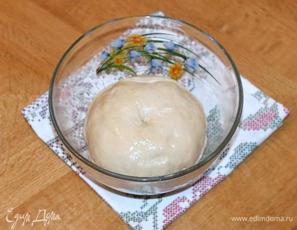 Смазываем чистую миску растительным маслом (0,5 ст. л.) и кладем тесто, проворачиваем его так, чтобы тесто смазалось маслом. Накрываем миску с тестом пленкой и убираем в теплое место для подъема в 2,5 раза.