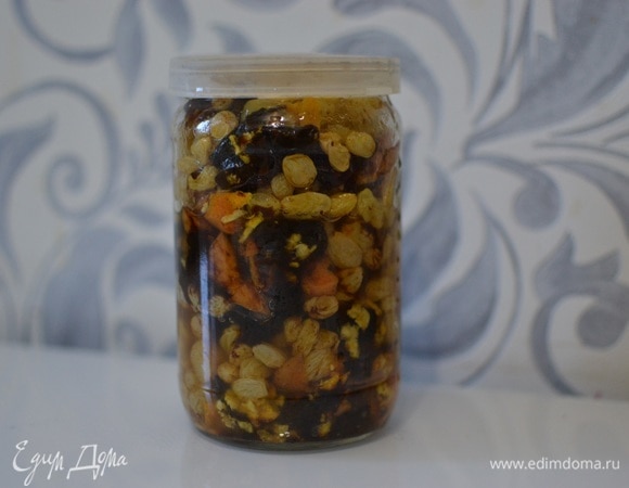 В миске (банке) перемешать сухофрукты, сок и цедру апельсина, добавить коньяк (ром, настойку), еще раз все перемешать.