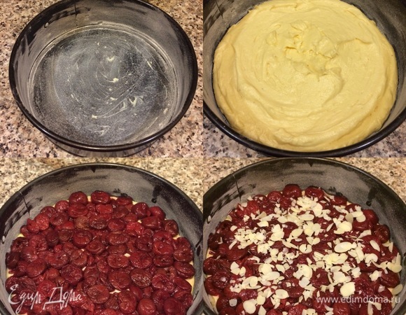 Форму диаметром 20 см слегка смазать маслом и посыпать мукой. Переложить тесто в форму и разровнять. Сверху разложить вишню и слегка вдавить в тесто. Посыпать миндальными лепестками и отправить в духовку.