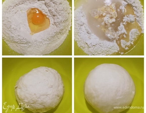 Из муки, яйца, воды, растительного масла и воды замесим тесто. Тесто получится довольно плотное. Накроем его, чтобы отдохнуло и обмякло, пока готовим начинку.