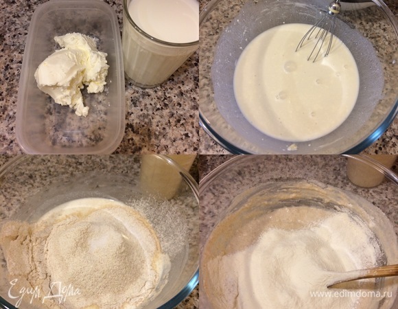 Для этих булочек я всегда использую жирный и не водянистый сливочный сыр (если вас заинтересует марка, обращайтесь в личные сообщения — подскажу). Если у вас будет водянистый сыр, то тогда и муки уйдет больше. Дрожжи и сахар растворить в теплом молоке. Добавить сливочный сыр комнатной температуры и перемешать венчиком. Затем просеять и добавить в тесто сначала цельнозерновую и ржаную муку и хорошо перемешать, а потом начать добавлять по чуть-чуть оставшуюся муку.