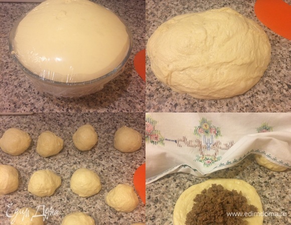 Мое тесто отлично поднялось! Тесто отличное, совсем не липнет к рукам и очень нежное. Обмять тесто, разделить на колобки и начать лепить пирожки.