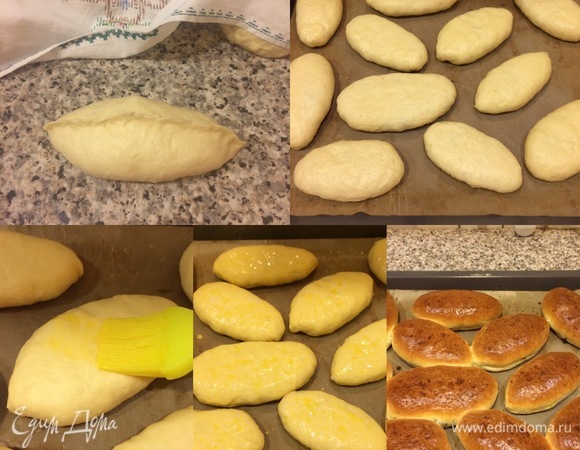 Пирожки переложить на противень, накрыть и оставить в теплом месте на 30 минут. Духовку нагреть до 180°C. Желток смешать с молоком и смазать пирожки. Выпекать 25–30 минут.