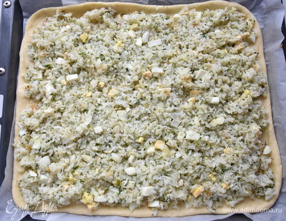 Тесто разделить на две части. Первую часть раскатать и выложить на противень, застеленный промасленной пергаментной бумагой. Сверху распределить начинку из риса, лука и яйца. Оставшуюся часть разделить пополам. Одну раскатать для покрытия верха пирога, а другую оставить для украшения.