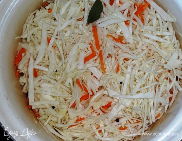 Нарезанную капусту соединить с нарезанной морковью и уложить в ведро, пересыпая перцем и лавровым листом.