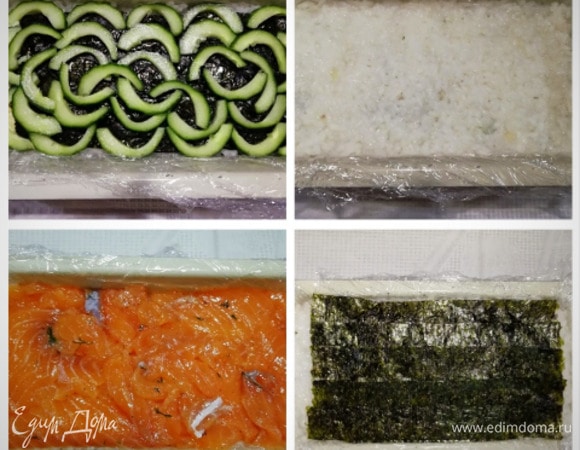 На лист нори укладываем огурец без сердцевины, слой риса, оставшуюся часть рыбы. На рыбу — оставшиеся рис и нори. Слегка придавливаем руками торт, чтобы он плотнее лег в форму.
