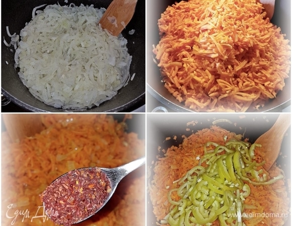 Для приготовления начинки удобнее всего взять толстостенную кастрюлю типа казана. Почему? А попробуйте приготовить все это хоть в сотейнике, тогда поймете мою правоту. Масла растительного граммов пятьдесят-семьдесят хватит вполне. Как только масло разогреется, сразу выкладываем лук. И очень хорошо лук перемешиваем с маслом. Тщательно и добросовестно. И, вообще говоря, пока начинка не будет готова, лопатку из рук выпускать вам не придется. Постоянно ей работать придется. Как только лук начнет становится прозрачным, отправляем к нему морковку. Два слова. Морковки мы взяли кило семьсот, то есть полвеса синеньких. И натерли ее на крупной терке. После того как морковка попала в кастрюлю, опять-таки сразу же очень тщательно, но деликатно перемешать. Из специй и приправ я добавил только чайную ложку красного перца. Не острого. Это сладкая паприка, но нотка остренькая все-таки есть. А что еще использовать из приправ и специй — тут полная свобода, кому что нравится, то и используйте. И перцы закладывать стоит уже тогда, когда морковка смягчится и вот-вот готова будет. Что значит готова? А она должна стать «мягкоупругой», чтобы не хрустеть ей, грызть, но и расползаться в пюре ни к коем случае она не должна.