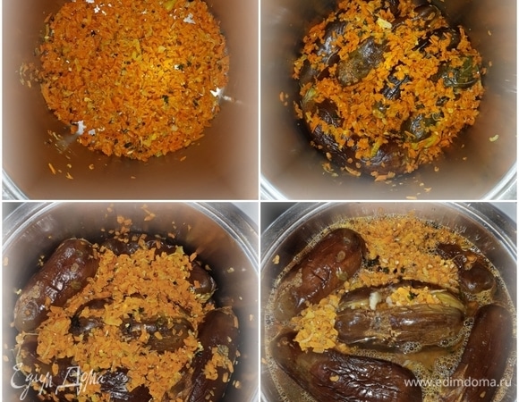 На дно емкости, в которой синенькие будут кваситься, насыпать немного начинки. Тонким слоем. И выкладывать баклажаны плотно. Если начинка осталась, то пересыпайте ею слои, и по чуть-чуть между ягодами тоже можно добавить. Охладить рассол, а потом залить его в кастрюлю так, чтобы синие были покрыты рассолом-маринадом как минимум на три пальца.