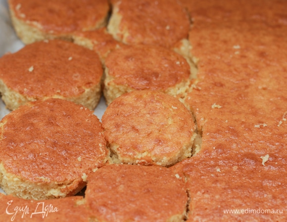 Готовый корж отделите от бумаги для выпечки и остудите на решетке. Затем с помощью формочек или рюмки нарежьте корж на небольшие кружочки диаметром 3–5 см.