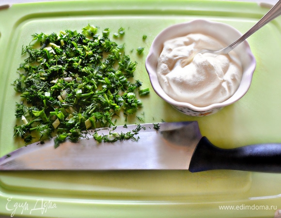 Зелень укропа и лука промойте, просушите, мелко порубите и смешайте со сметаной.