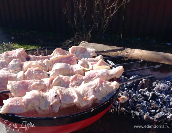 Мангал готов, выкладываю шашлык на угли.