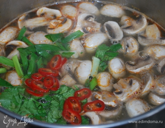 Помешивая суп, влейте лаймовый сок и рыбный соус, добавьте зеленый лук, кинзу и острый красный перец. Попробуйте на соль. Суп должен быть кислым, острым и пряным.