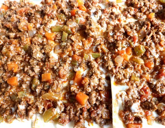 Пластины для лазаньи для следующего слоя смазывать соусом бешамель с двух сторон. После этого поместить их в форму. На них — фарш и пармезан. Так же поступить со следующими слоями. У меня их получилось шесть.