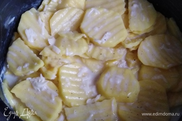Жаропрочную толстостенную посуду смазать зубчиком чеснока, затем — сливочным маслом. Выложить картофель со смесью яйца, молока и сыра.
