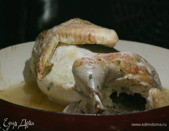 Отправить цесарку в разогретую духовку и, перевернув один раз, запекать, пока она не станет золотистой, затем полить тушку белым вином, добавить в сковороду бульон, немного посолить и неплотно прикрыть фольгой.