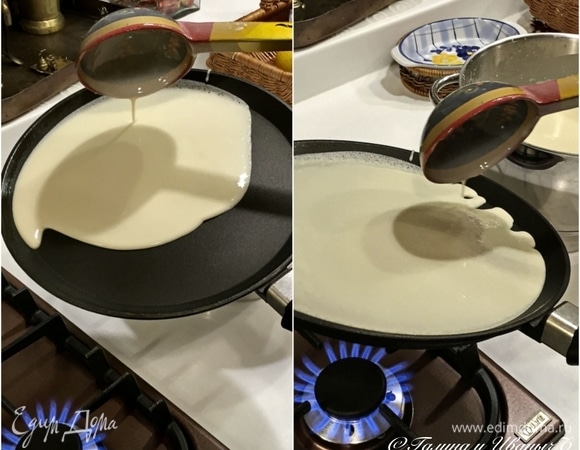 Сковороду разогреть и налить на нее тесто. Очень аккуратно, добиваясь, чтобы тесто равномерно растеклось по всей поверхности сковороды. А дальше «пекем». Или «печем»? А, может, и вовсе «жарим»? Но все равно блины!