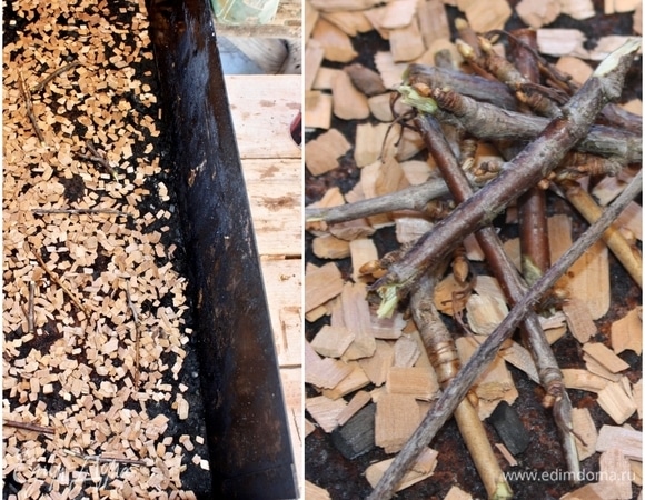 Помимо щепок ольховых, приготовленных для зарядки коптильни, нарезал я немного вишневых веточек и разложил вместе с щепками по днищу коптильни.