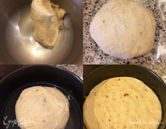 Форму диаметром 20 см смазать маслом, переложить тесто в форму, разровнять, накрыть и поставить в теплое место на 30–40 минут.