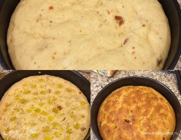 Духовку нагреть до 200°C. Спустя указанное время сделать на хлебе пальцами ямочки, полить оливковым маслом, посыпать крупной солью, специями и выпекать 30–40 минут.