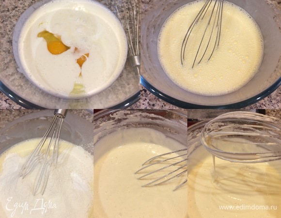 Духовку нагреть до 180°C. Форму 28х22 см слегка смазать маслом и посыпать мукой. Тесто: все продукты должны быть комнатной температуры. В миске хорошо взбить венчиком кефир, майонез, яйца, соль и сахар. Добавляем просеянную с содой и разрыхлителем муку и опять хорошо перемешиваем венчиком. По консистенции тесто получается жидким и напоминает тесто на оладьи.