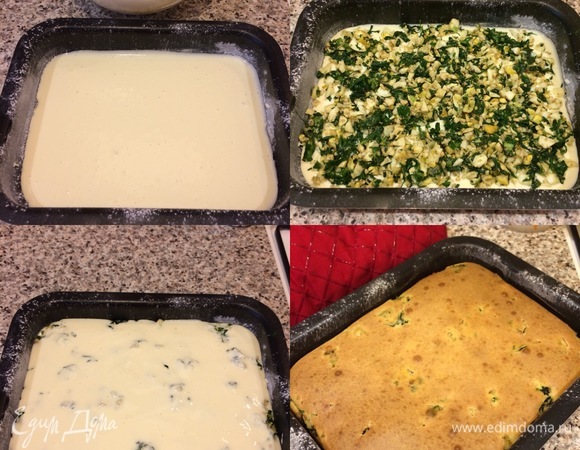 Выливаем в форму половину теста, затем укладываем начинку и заливаем второй половиной теста. Выпекаем пирог 60 минут (ориентируйтесь по своей духовке).