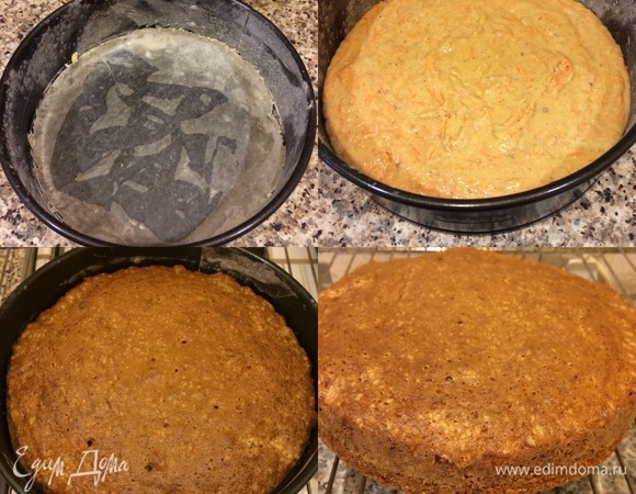 Бока формы диаметром 20 см смазать маслом и посыпать мукой, а низ проложить круглым отрезом бумаги для выпечки. Переложить тесто в форму, разровнять и выпекать 30 минут при 160°C, затем увеличить температуру до 180°C и выпекать еще 15–20 минут до «сухой спички». Готовый пирог достать и остудить на решетке.