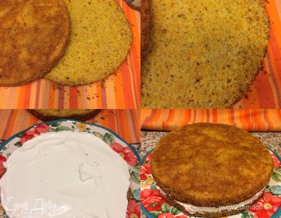 Пирог разрезать на два коржа, смазать один корж кремом и накрыть вторым коржом. Оставить при комнатной температуре на 30–40 минут, а затем отправить в холодильник и дать настояться 2–3 часа.