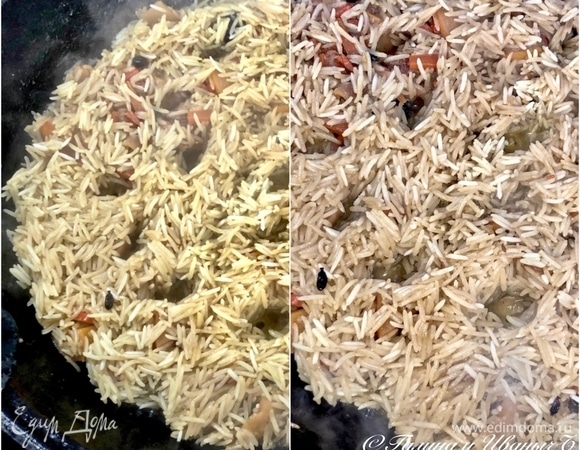 В процессе надо рис, не залезая вглубь, слегка ворошить и снова выравнивать. Минут через пятнадцать-двадцать (от риса и температуры зависит) очень советую протыкать весь слой плова до дна казана. Чтобы дать возможность и рису зирваком пропитаться получше, и воде испариться.