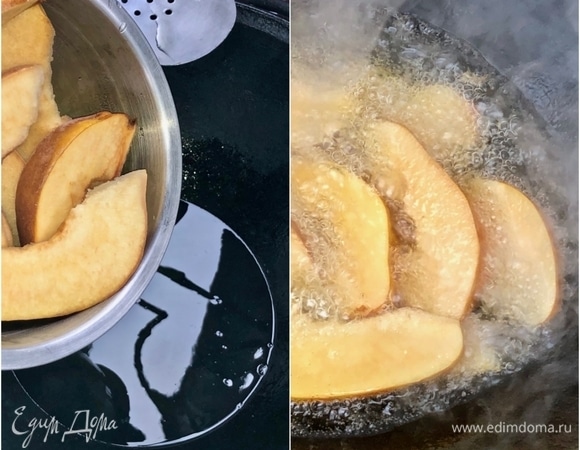 Как только масло раскалится, отправляем в казан часть айвы, которую дольками нарезали. Реакция будет бурной, берегите руки.