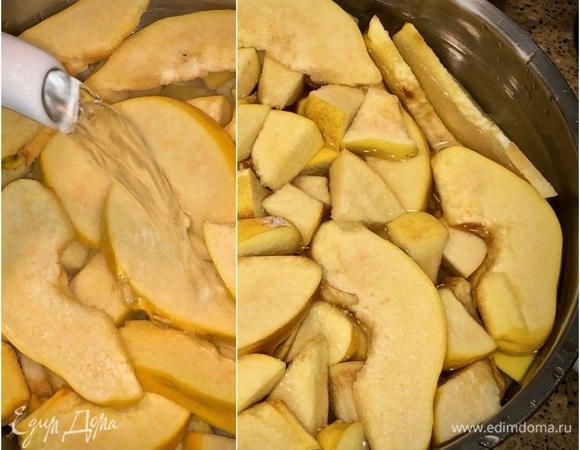 И залить все эти кусочки горячей водой. Замечу, что я с этой операции начал. Сделал я это с целью простой. Чтобы вода от айвы побольше бы в себя взяла вкуса и аромата айвы. Зачем — позже поймете и со мной согласитесь.