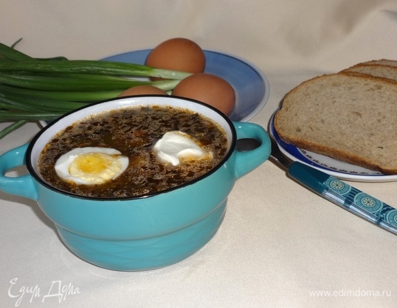 Разлить зеленый борщ по тарелкам, положить по кусочку яйца, сметану. Подавать с зеленым луком.