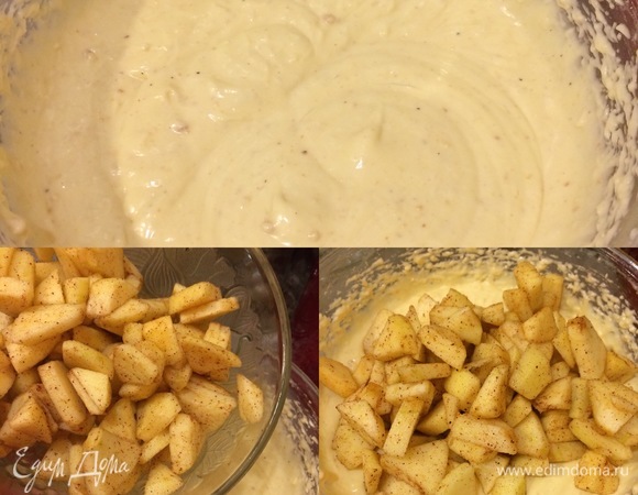 Добавить в тесто яблоки и аккуратно перемешать ложкой.