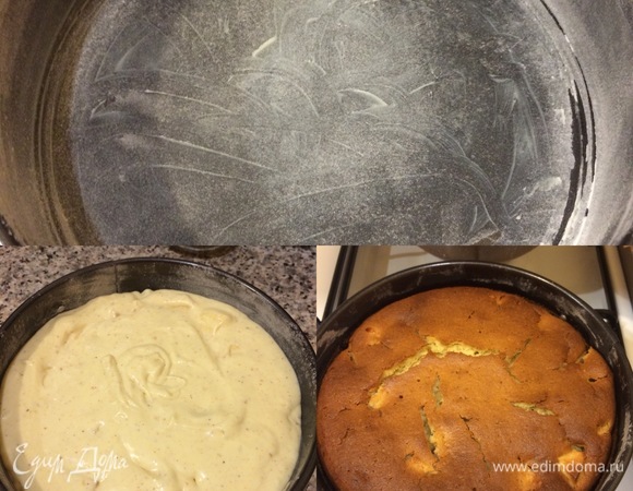 Форму диаметром 20 см смазать маслом и посыпать мукой. Переложить тесто в форму и розровнять. Выпекать 50–70 минут до «сухой спички».