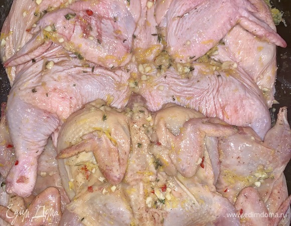 Обмазать цыпленка и перепелов маринадом, уложить в емкость, накрыть пленкой, оставить на 1 час.