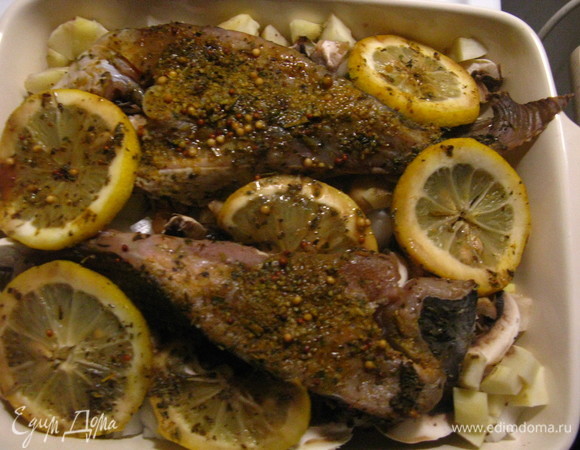 Сверху укладываем рыбу и лимоны, поливаем соусом, в котором рыба мариновалась, и отправляем в духовой шкаф на 35 минут. Поставить в холодную духовку и выпекать при температуре 220°C 35 минут.