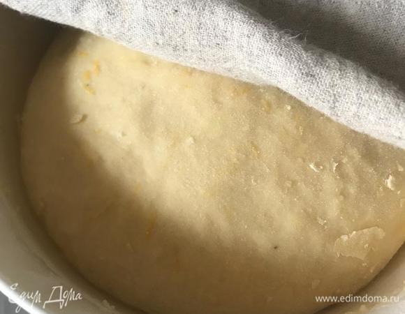 Тесто сложить в шар, положить в смазанную растительным маслом миску, накрыть полотенцем и оставить в теплом месте на 1–1,5 часа.