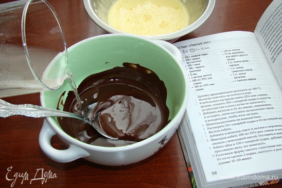 Желтки взбить в пышную светлую массу. К растопленному шоколаду влить сироп и добавить взбитые желтки.
