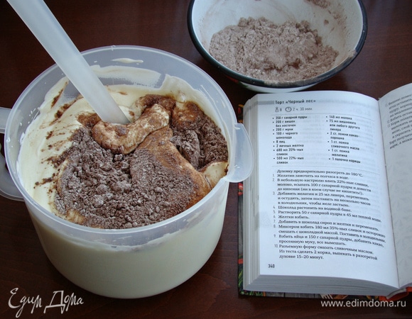 Муку смешать с какао-порошком, просеять и ввести частями в яичную смесь, каждый раз аккуратно перемешивая лопаткой до однородности.