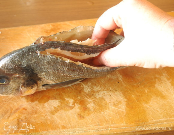 Рыбу чистим, вырезаем хребет, отрезаем его ножницами, оставив кусочек хвостика.