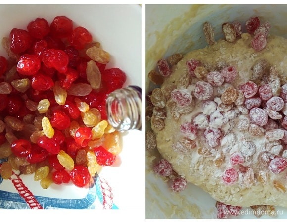 Заранее замоченные на 2–3 часа сухофрукты смешать с 1 ложкой муки. Ввести в тесто, перемешать, чтобы равномерно распределить. Орехи измельчить (не мелко) и добавить в тесто. Я в этот раз не добавляла.