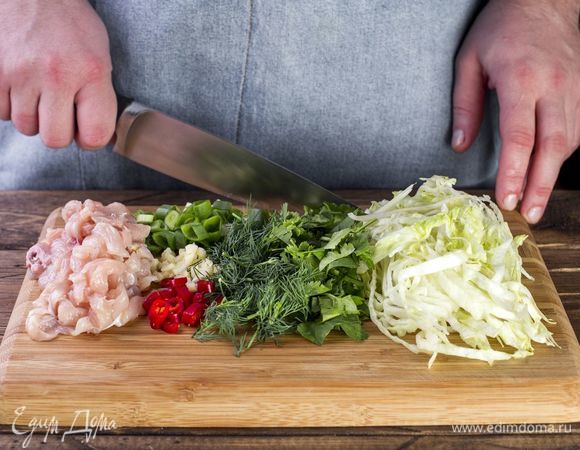 Куриное филе промойте, обсушите, нарежьте небольшими кусочками. Мелко нашинкуйте салат айсберг, кинзу, зеленый лук, чеснок, перец чили, укроп.