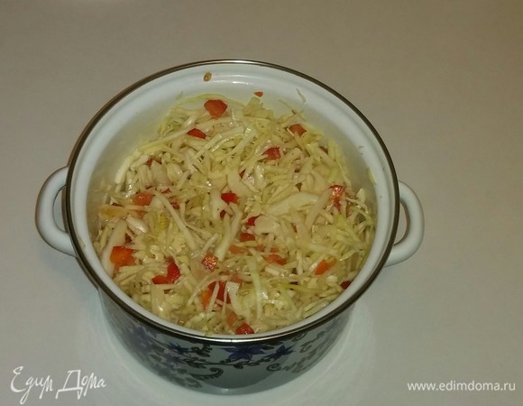 В глубокую емкость кладем нарезанные овощи, соль, специи и добавляем масло. Все перемешиваем. Затем ставим салат в холодильник на 1 час, и все. Салат готов. Приятного аппетита!