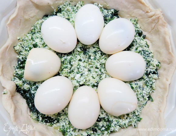 На шпинатную начинку выкладываем по кругу вареные яйца, чуть вдавливая их в начинку.