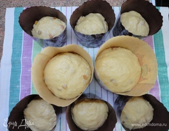 Получившееся количество теста уместилось у меня в 6 бумажных формочек диаметром и высотой 9 см (по 250 г теста) и в 2 формы диаметром 12 см (по 450 г теста).