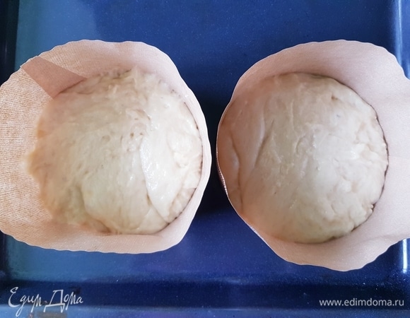 Тесто обмять, разделить на 2 части и выложить в формы для куличей размером 14 см. Оставить на 30 минут в тепле.