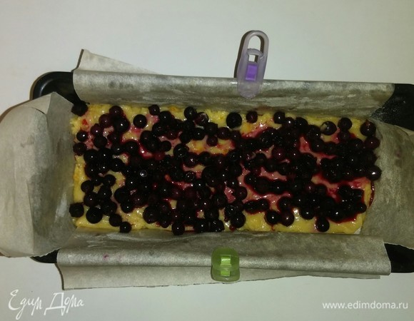 Затем ровным слоем выкладываем на тесто ягоды черной смородины.